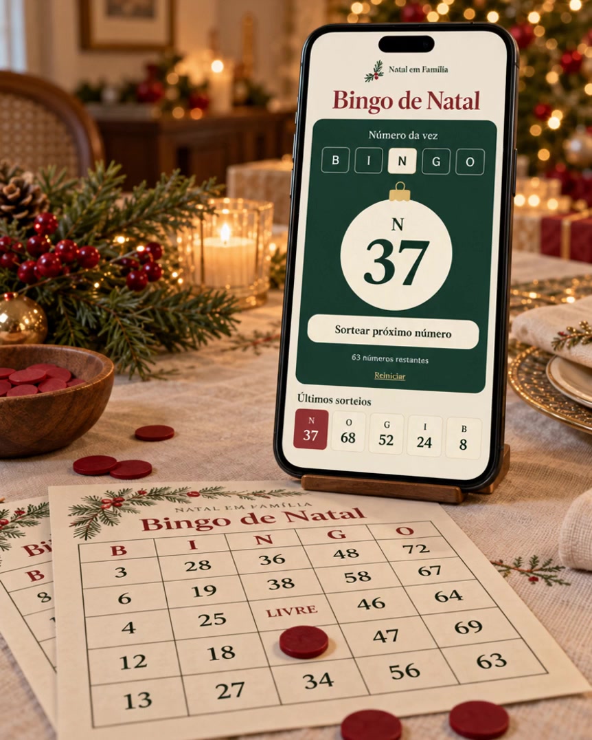 Cena ilustrativa de bingo de Natal com celular e cartelas à mesa.