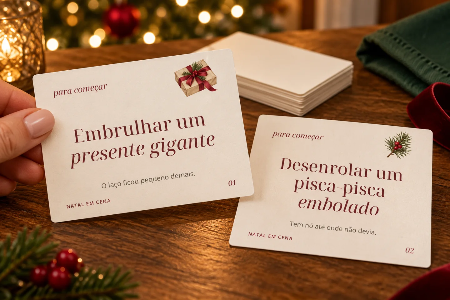 Composição ilustrativa das cartas reais de mímica em uma mesa de Natal.