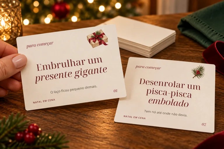 Cena ilustrativa com duas cartas de mímica do kit recortadas e prontas para jogar.