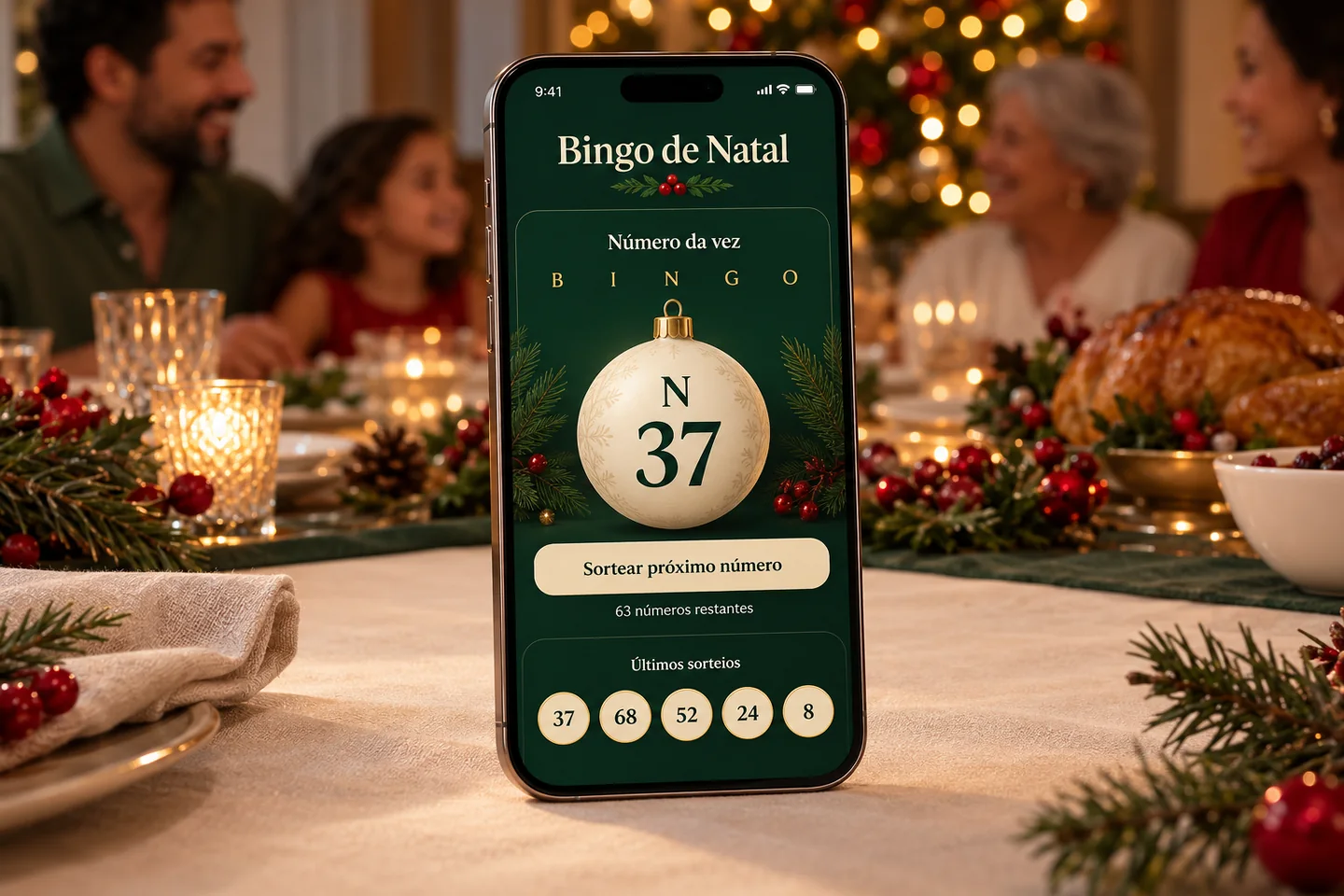 Representação ilustrativa do sorteador: número N37, botão para sortear e histórico de números.